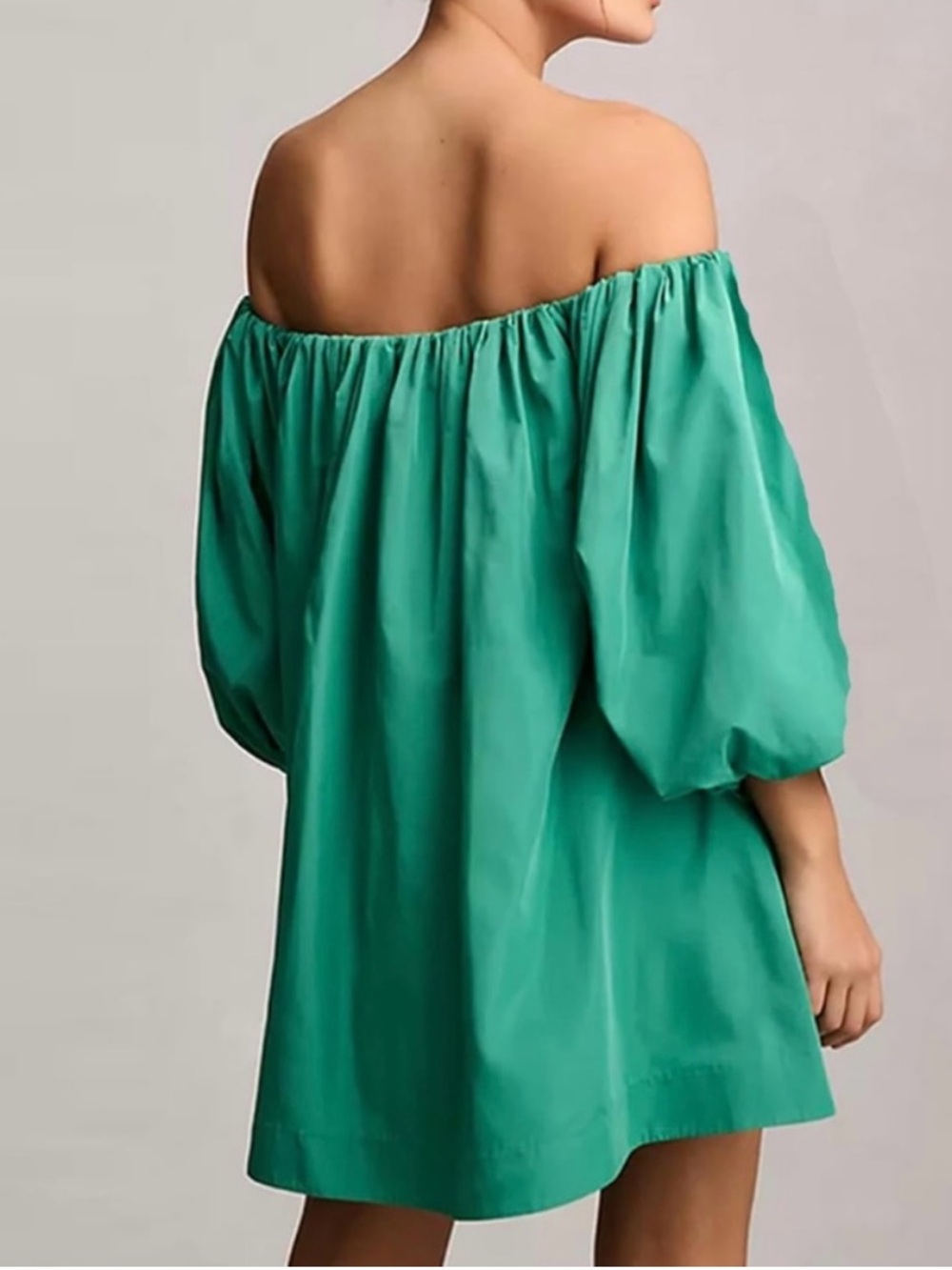 Anthropologie 
Off-Shoulder Puff Sleeve Mini Dress in Teal Green